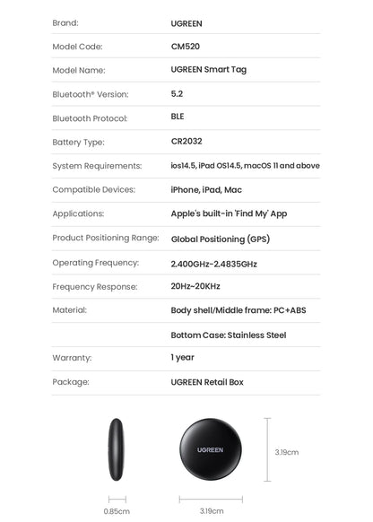 UGREEN SmartTrack Link Bluetooth GPS Tracker for Keys & Luggage