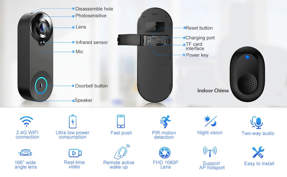 1080P WiFi Smart Video Doorbell with Night Vision & Motion Detect